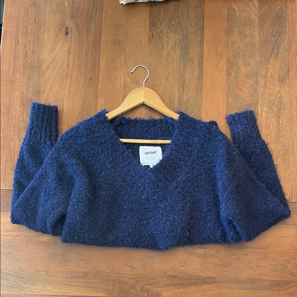 Aerie Deep Blue Oversized Soft Fuzzy V-Neck Sweater Size: XXS - Picture 3 of 3